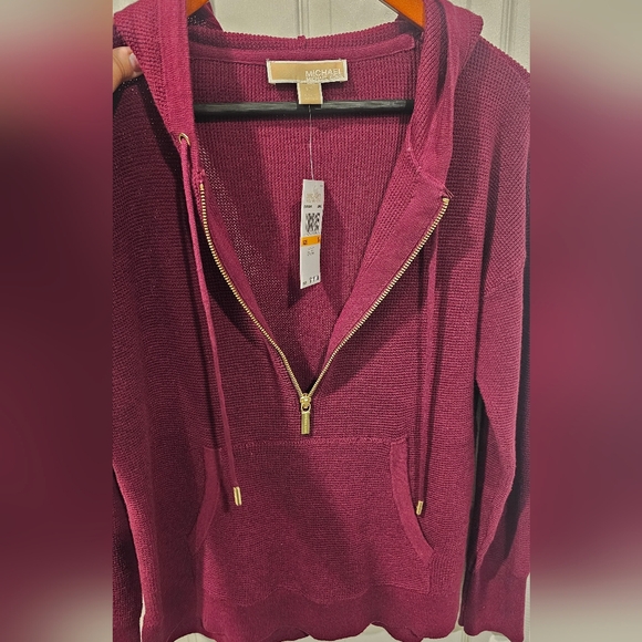 NWT Michael Kors Women's Maroon Knit Hoodie With Half Zipper And Strings--Size S - Picture 5 of 9